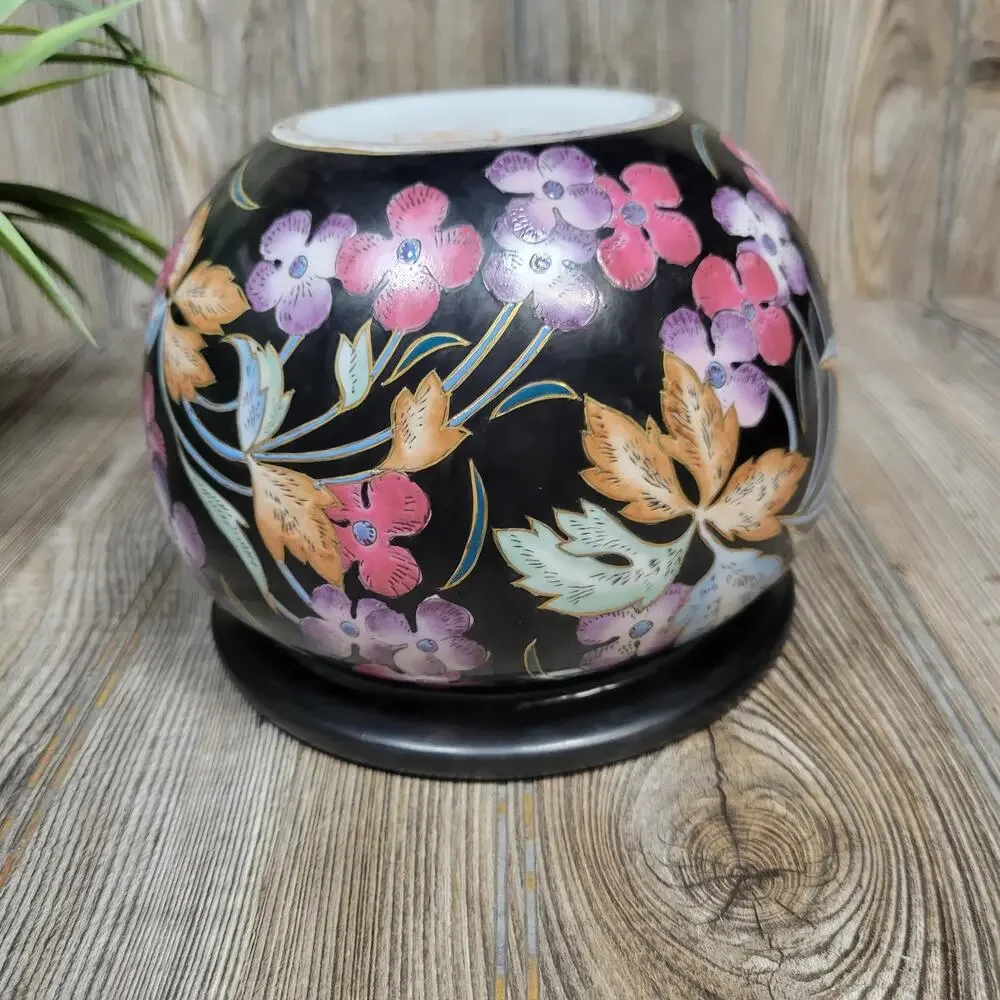 Vintage Hand Painted Floral Black Planter, Oklahoma Importing Co - Picture 7 of 7